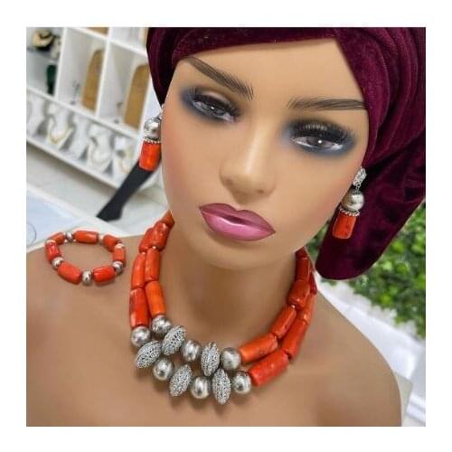 New Double Layers Chunky African Coral Beads Jewelry Set Coral and Silver Bridal Nigerian Wedding Jewelry Set CNR100