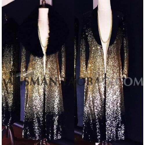 New Nightclub Male Singer Dj Host Catwalk Jackets High-end Embroidery Black Gold Gradient Long Fur Trench Coat Male Costume