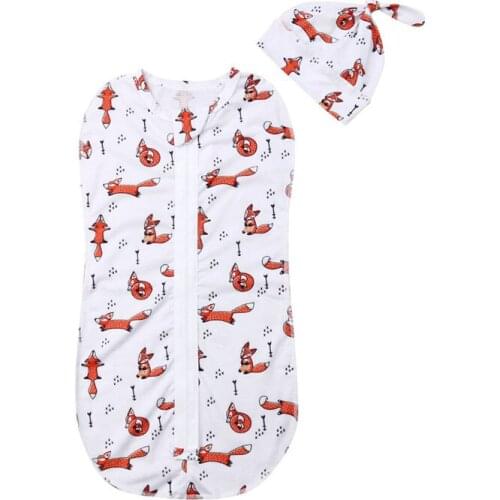 Cute Newborn Cartoon Print Swaddle Blanket Baby Boy Girl Zipper Sleeping Bag Wrap Hat Outfits Clothes