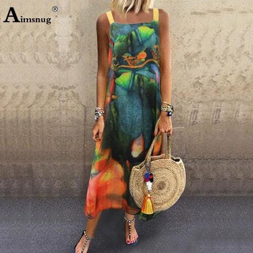 Aimsnug Women Elegant Calf Dress Square Collar Boho Print Spaghetti Strap Party Dresses 2020 Ladies Casual Sleeveless Dress
