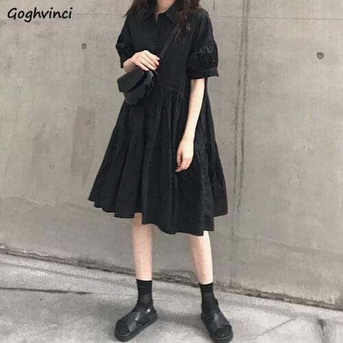 Short Puff Sleeve Dress Women Solid Simple Ruffles Turn-down Collar Buttons Empire Trendy Lovely Streetwear Elegant Leisure Chic