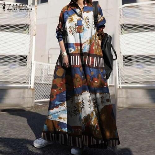 Oversized Vintage Women Floral Printed Dress Autumn Sundress ZANZEA Casual Loose Long Vestidos Female Long Sleeve Cotton Dresses