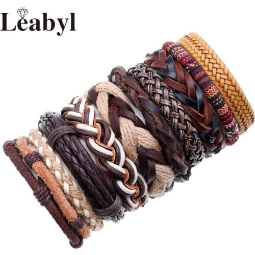 Simple Vintage Handmade Braided Leather Rope Strap Punk Bracelet for Men Simple Multilayer Bracelet Set Jewelry 10 PCS/SET