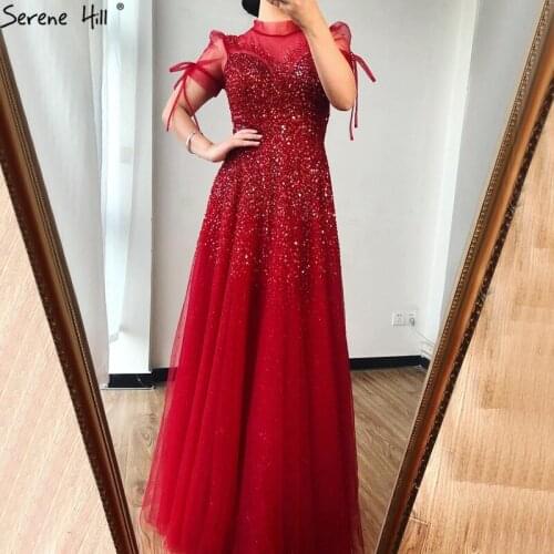 Luxury A-Line Grey Sequins Beading Evening Dresses 2021 Sexy O-Neck Short Sleeves Luxury Formal Dress LA70517