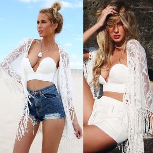 Sexy Women Lace Bikini Cover Up Tassel Hollow Swimwear Crochet Beach Smock Swimsuit Summer Bathing Suit Cover-Ups Beachwear