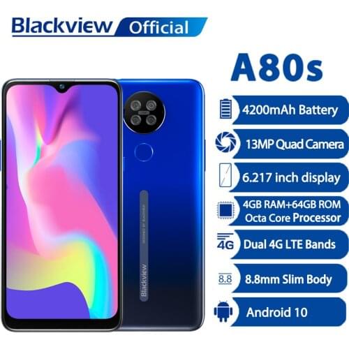 Blackview A80s Helio A25 Android 10 Smartphone 4GB RAM 64GB ROM 13MP Quad Camera 4200mAh 6.2“ Waterdrop Screen 4G Moibile Phone