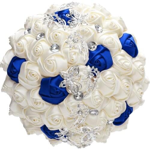 Handmade Ivory Royal Blue Rhinestone Bride Bridesmaid Wedding Bouquet Exquisite Ribbon Flower Many Size W2216