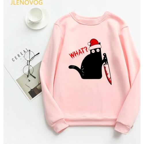 Cat What-Murderous Black Cat With Knife Hoodies Women Merry Christmas Graphic Sweatshirt Femme Kawaii Winter Clothes Streetwear