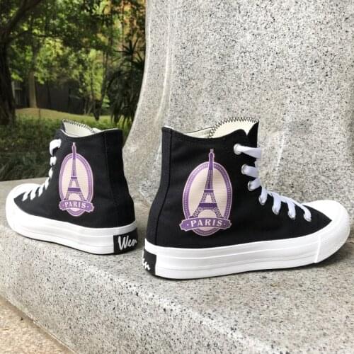 Wen Original Design Postmark Eiffel Tower PARIS Hi-top Unisex Canvas Sneaker All-match Black White Girl Boys Skateboard Shoes