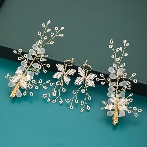 Vintage 3 Pcs Transparent Crystal Handmade Hairgrips Pearl Bridal Hair Clips With Earring Wedding Hair Accessories Women Jewelry