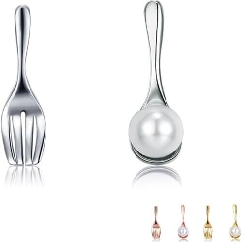 ZEMIOR 925 Sterling Silver For Women Fork & Spoon Asymmetry Shell Pearl Earrings Gold Color Tiny Stud Earring Fine Jewelry