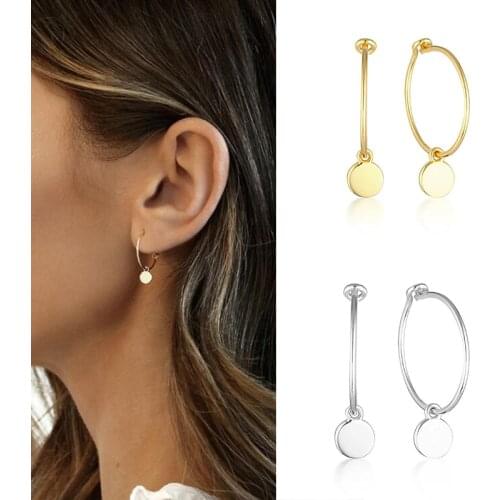 925 Silver Ear Buckle Round Coin Pendant Hoop Earrings for Women Minimalist Gold Silver Color Earrings Trendy Fashion Jewelry