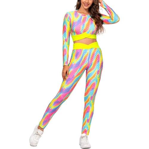 Women Sport Clothes Sets Fashion Colorful Tie-dye Long Sleeve T-shirt Elastic High Waist Long Trousers 2Pcs Lady Yoga Suits