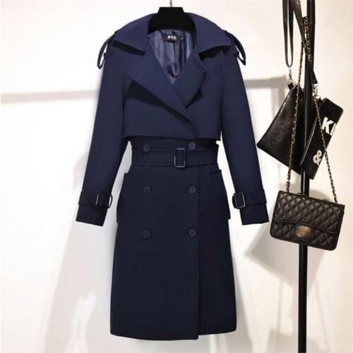 Autumn New Korean Female Slim Double-breasted Long Trench Coat Wild England Vogue Ladies Coat Navy Plus Size Windbreaker f251 2