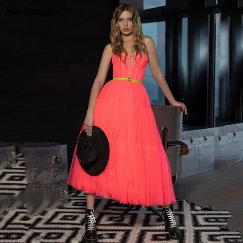 Sevintage A Line Tea Length Evening Dresses 2021 Tiered Tulle Sweetheart Short Prom Dress Princess Homecoming Gowns Custom Made