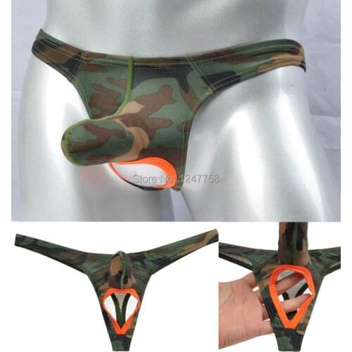3Pcs/Lot Mens Long Pouch Thong Nuts Out String T-back Bikini Pants Ball Hole Tanga Camouflage Underwear