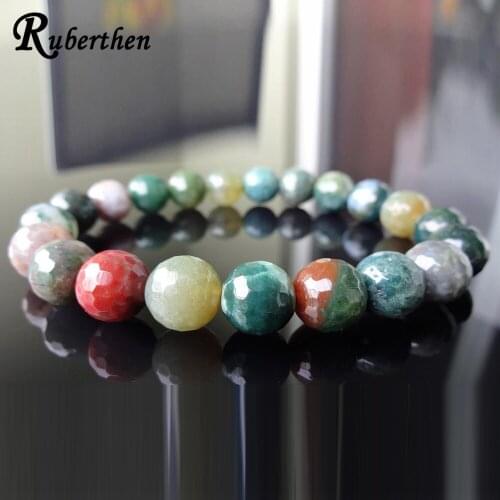 Ruberthen Genuine INDIAN A-gate Bead Bracelet for Men 10mm Faceted AAA Quality Fancy Beads Bracelet