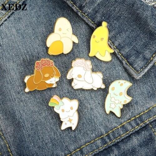 XEDZ Childrens Jewelry Fashion Brooches Banana Girl Mianyang Baby Teddy Dog Kawaii Star Moon Cartoon Badge Lapel Pins Gift 2021