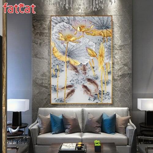 FATCAT diamond embroidery Abstract Gold Lotus diy diamond painting chinese fish koi graph cross stitch mosaic rhinestone AE119