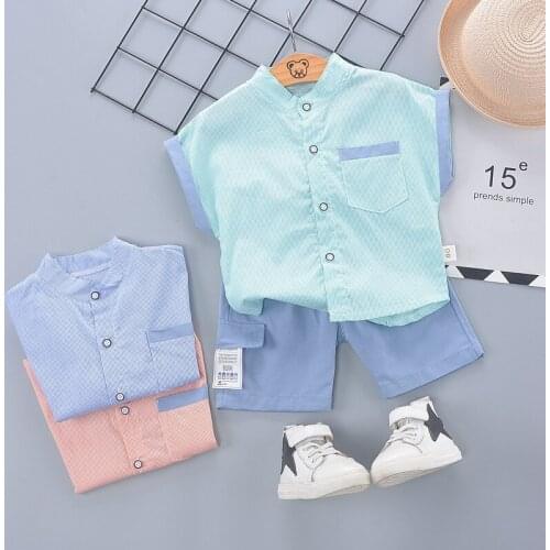 Baby Boy Gentleman Clothes Sets 2021 Summer Casual Cotton Kid Stand Collar Shirt+blue Shorts Toddler Short Sleeve Sports Outfits