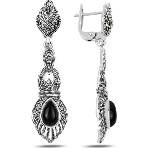 KUTAYDAN Marcasite & Onyx Stone Dangle Earrings 925 Sterling Silver