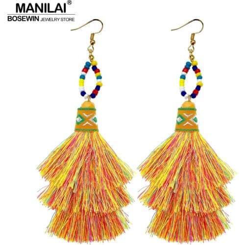 MANILAI 4 Colors Firenze Fringe Drop Earrings Bohemia Beaded Layered Tassel Long Earrings For Women Statement Dangle Pendientes