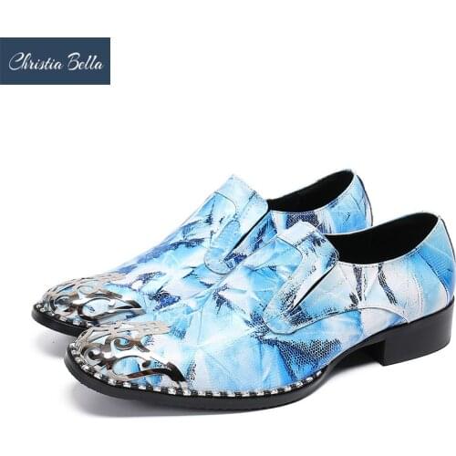 Christia Bella Fashion Blue Genuine Leather Men Shoes Metal Charm Party Men Dress Shoes Business Leather Shoes Slip on Footwear
