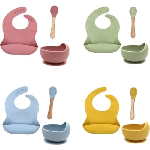 Baby Feeding Tableware Set Baby Silicone Bowl Bibs Set Non-slip Childrens Suction Plate Spoon Bibs Dishes Dinnerware