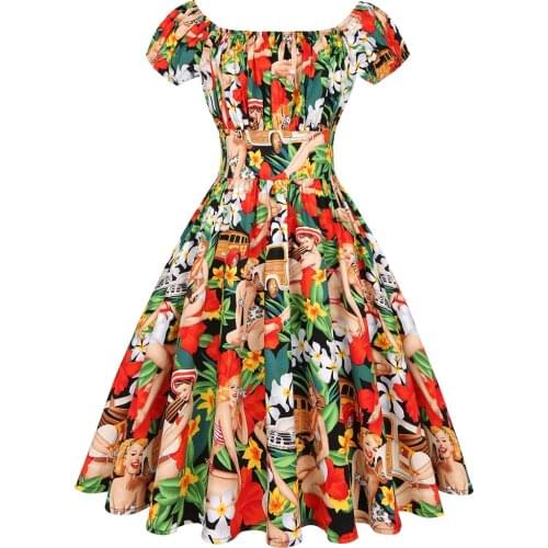 French Style Midi Women Dress New Design Hot Marilyn Monroe Print Slash Neck Puff Sleeve Robe Elegant A-Line High Waist Dresses