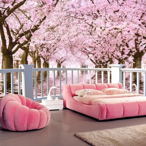 Custom Waterproof Self-adhesive Mural Sticker Cherry Blossom Tree Balcony 3D Landscape Photo Wall Paper For Living Room Bedroom
