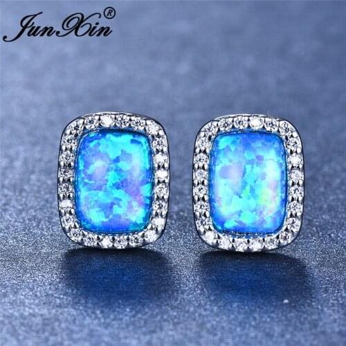JUNXIN Female Wedding Earrings Blue White Green Fire Opal Stud Earrings For Women Silver Color Zircon Earrings