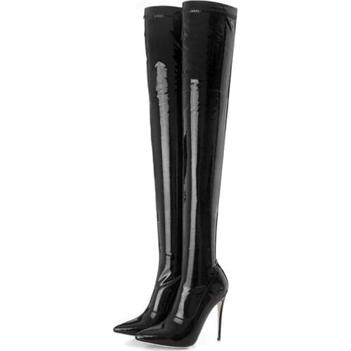 Femmes chaussures paint leather fashion high heels over the knee boots shoes woman pointed toe stilettos thigh Stretch boots