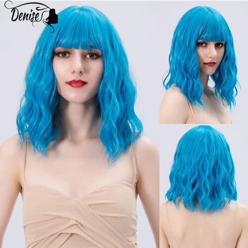 Cosplay Blue Short Wave Daily Colored Natural Synthetic Wigs With Bangs For White Women Heat Resistant Female Fiber Hair Wig