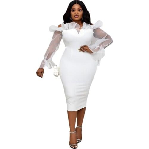 Sexy Mesh Through Long Sleeve Stitching High Waist Modest White Dress Professional Wear Women Dress Vestidos African Clothing