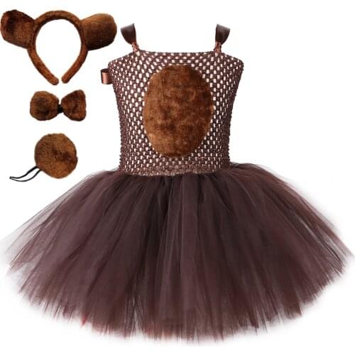 Brown Bear Tutu Dress for Baby Girls Halloween Birthday Jungle Party Animal Cosplay Costume Kids Fancy Dress Up Clothes 1-12Y