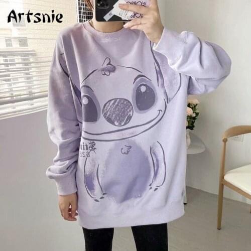 Artsnie Streetwear Cartoon Oversized Sweatshirt Women Autumn O Neck Long Sleeve Hoodies Knitted Casual Purple Ladies Sweatshirts
