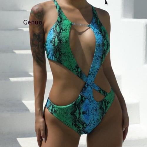 Swimsuit Women Cut Out Swimwear Sexy Bathing Suit Snakeprint Monokini Plunge Sexy Bodysuit Micro Swimsuit 2021 Female