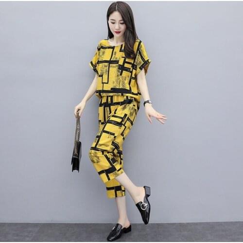 Women 2021 Summer Fashion Casual Two Piece Suits Female O-neck Pullover Tops Ladies Loose Wide-leg Pants Printed Sets U93