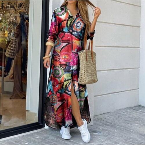 Women Retro Print Cotton Linen Dress Casual Turn-Down Collar Long Shirt Dress Female Elegant Plus Size 5XL Party Dress Vestidos