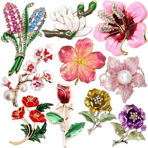 1pc New retro Diy Brooch Vintage Enamel plant flower hyacinth Red rose Camellia Plum blossom Lapel Pins Badge for women New Year