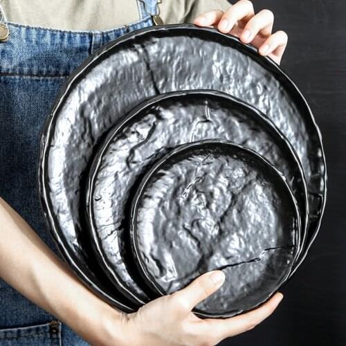 10-inch Japanese Art Ceramic Round Stone Pattern Black Western-style Steak Salad Plate Home Dessert Sushi Square Plate Tableware