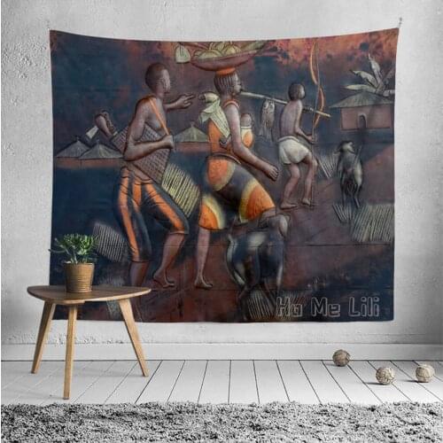1950s Vintage Gouache African Folk Art Painting Tapestry Interior Home Decoration