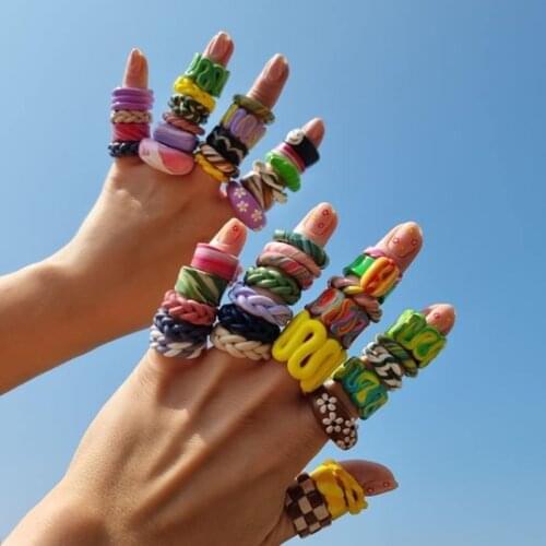 2021 New Clay Twisted Stripe Flower Chunky Ring Geometric Love Heart Yin Yang Finger Rings for Women Friends Jewlery Gifts