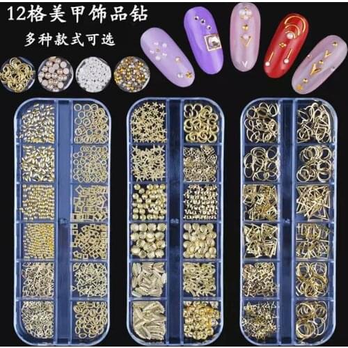 240PCS/12 Grid Mixed Style Nail Art Moon star Gold Metal Rivet Studs 3D DIY Charm Decoration Accessories