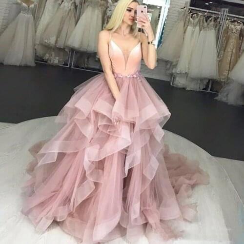 Spaghetti Strip Ball Gown Prom Dresses 2020 Deep V Neck Ruffle Tulle Long Evening Formal Dress Special Occasion Gowns
