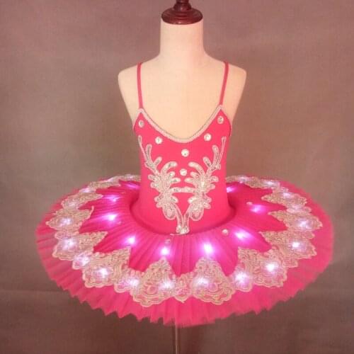 Luminous Led Ballet Dance Dress Children Pancake Tutu Dress Swan Lake Performance Jumpsuit Fluorescent Pompon Full-Skirt H630