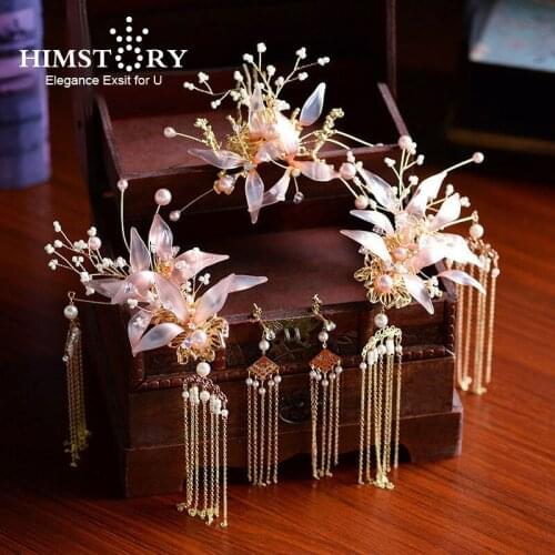 HIMSTORY Elegance Chinese Vintage Wedding Bridal Hair Accessory National Traditional Pink Clear Flower Bride Hair Jewelries