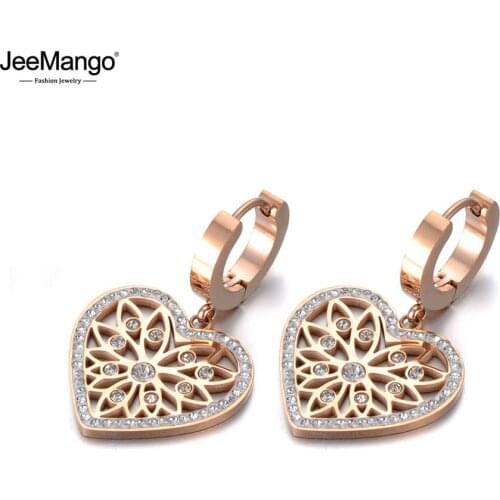 JeeMango Original Design Stainless Steel Love Heart Flower Earrings Jewelry Trendy CZ Crystal Hoop Earrings For Women JE19268