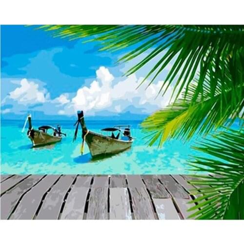 Painting By Numbers DIY Dropshipping 50x65 60x75cm Coconut Tree And Boat Scenery Canvas Wedding Decoration Art Picture Gift