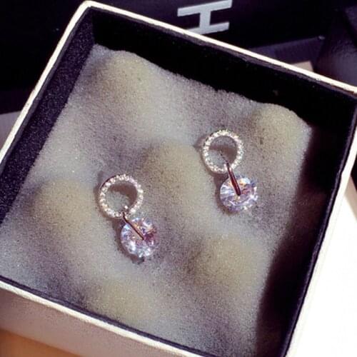 Korean Fashion 925 Silver Needle Bling Zirconia Circle Earring High Quality AAA CZ Transparent Crystal Stud Earring Pendant